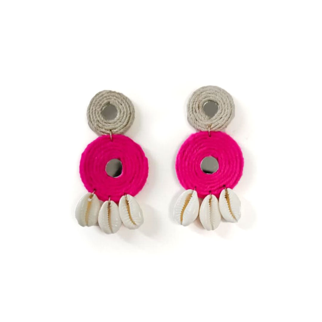 Neon Pink & Cowrie Shell Drop Earrings - Image 1