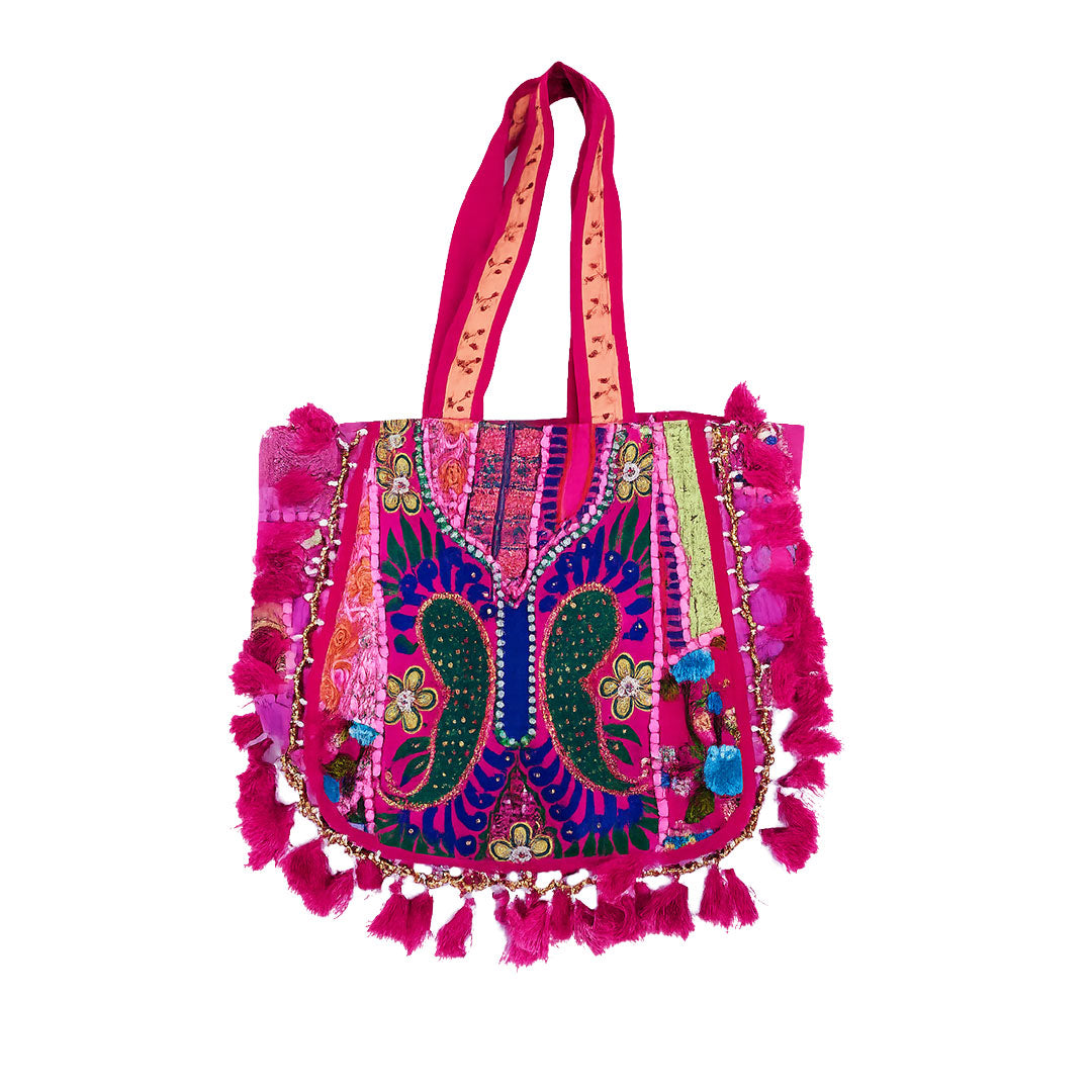 Pink Kasida Kari Embroidered Boho Tote Bag with Tassels