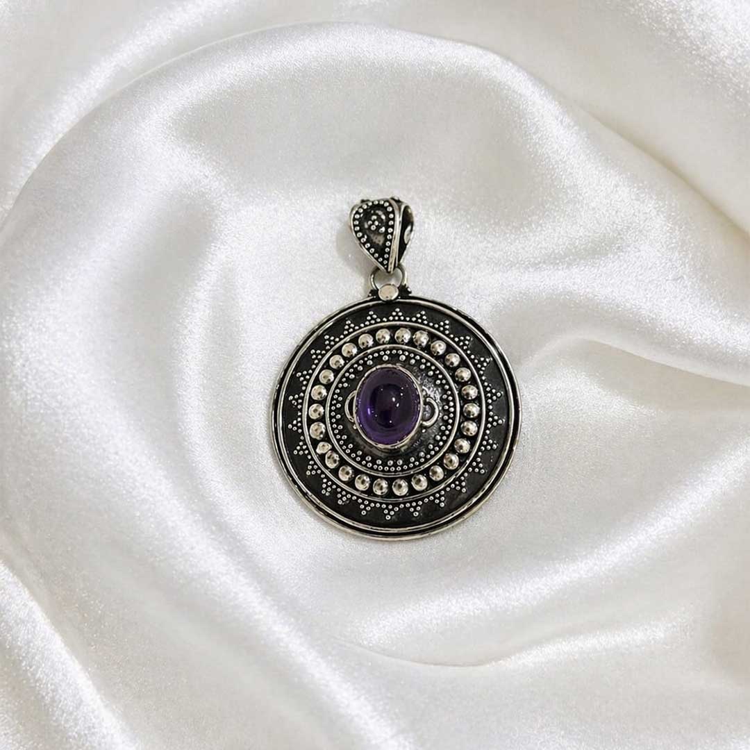Handcrafted Amethyst Purple Mandala Pendant in Oxidized Silver