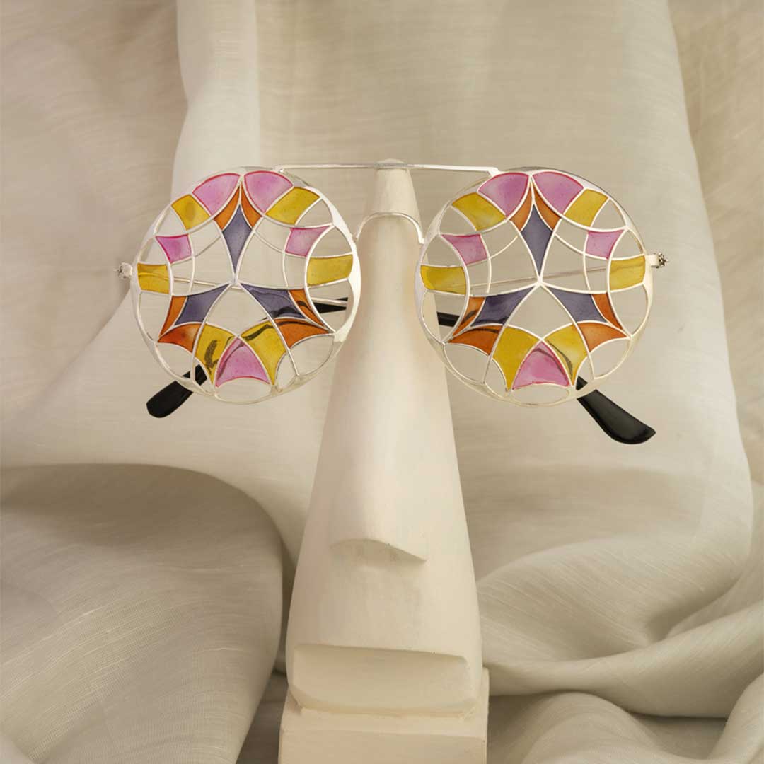 Artisanal Stained Glass Inspired Round Silver Sunglasses