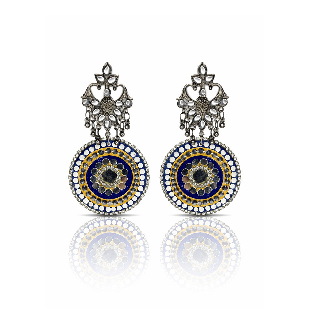 Handmade Blue Mandala Oxidized Silver Earrings