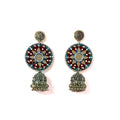 Maroon & Teal Hand-Painted Mirror Work Jhumka Earrings - Image 1