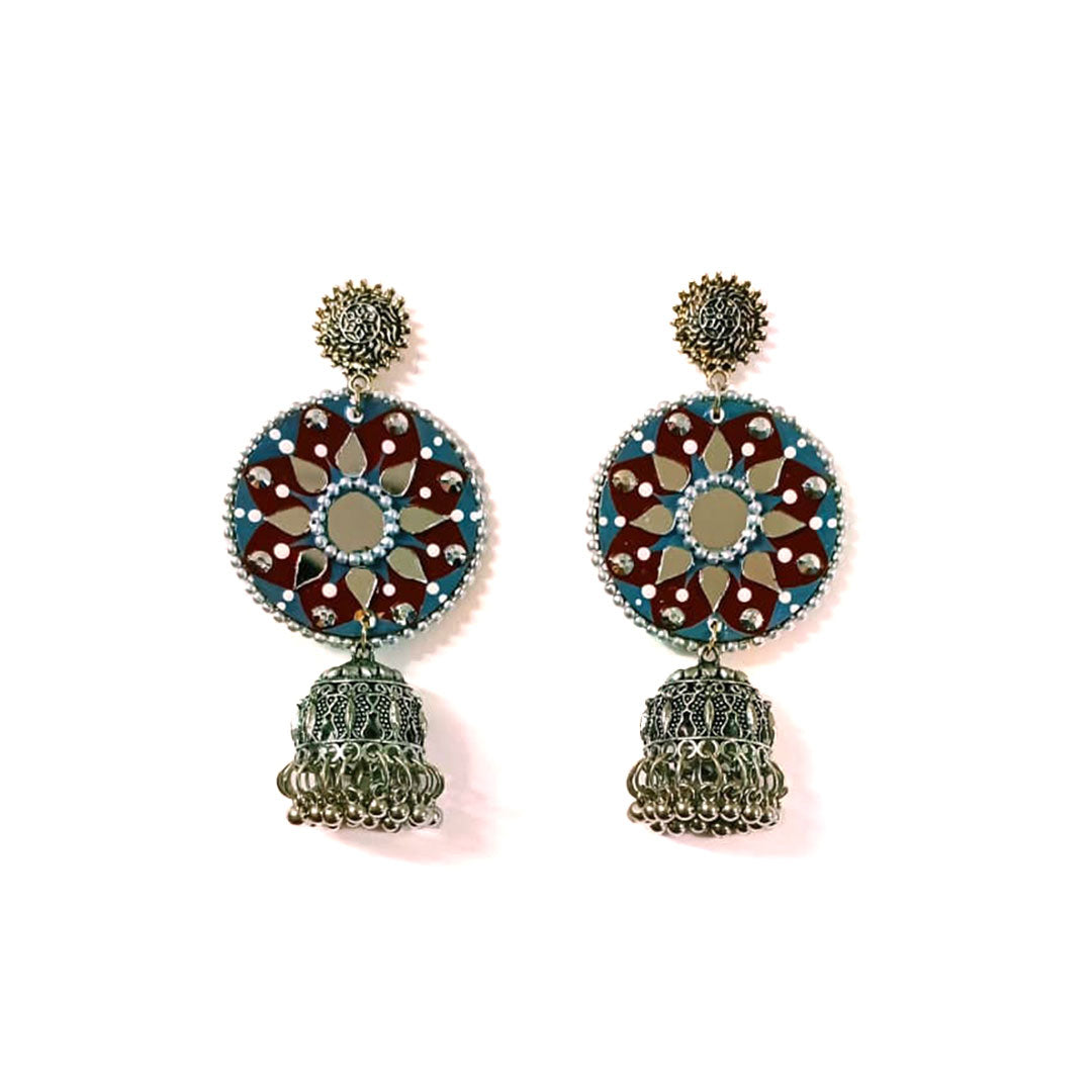Maroon & Teal Hand-Painted Mirror Work Jhumka Earrings - Image 1