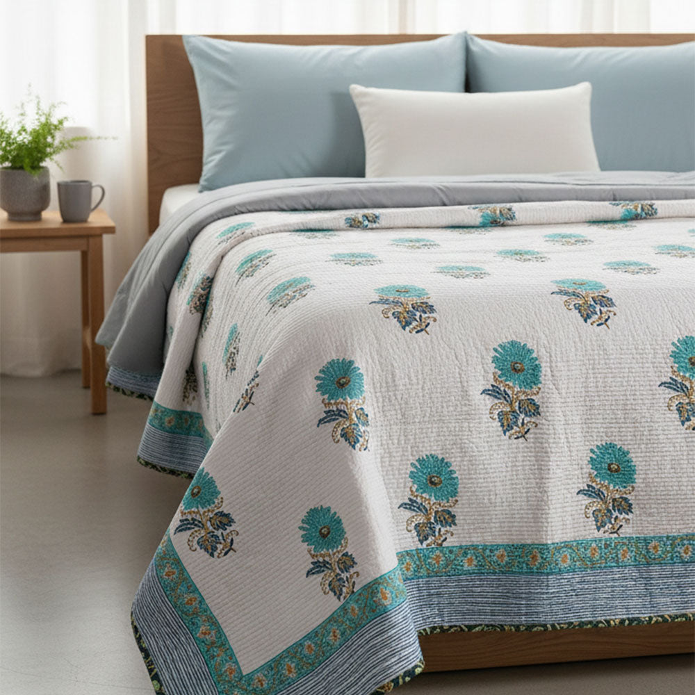 Turquoise Floral Buti Block Print Quilt