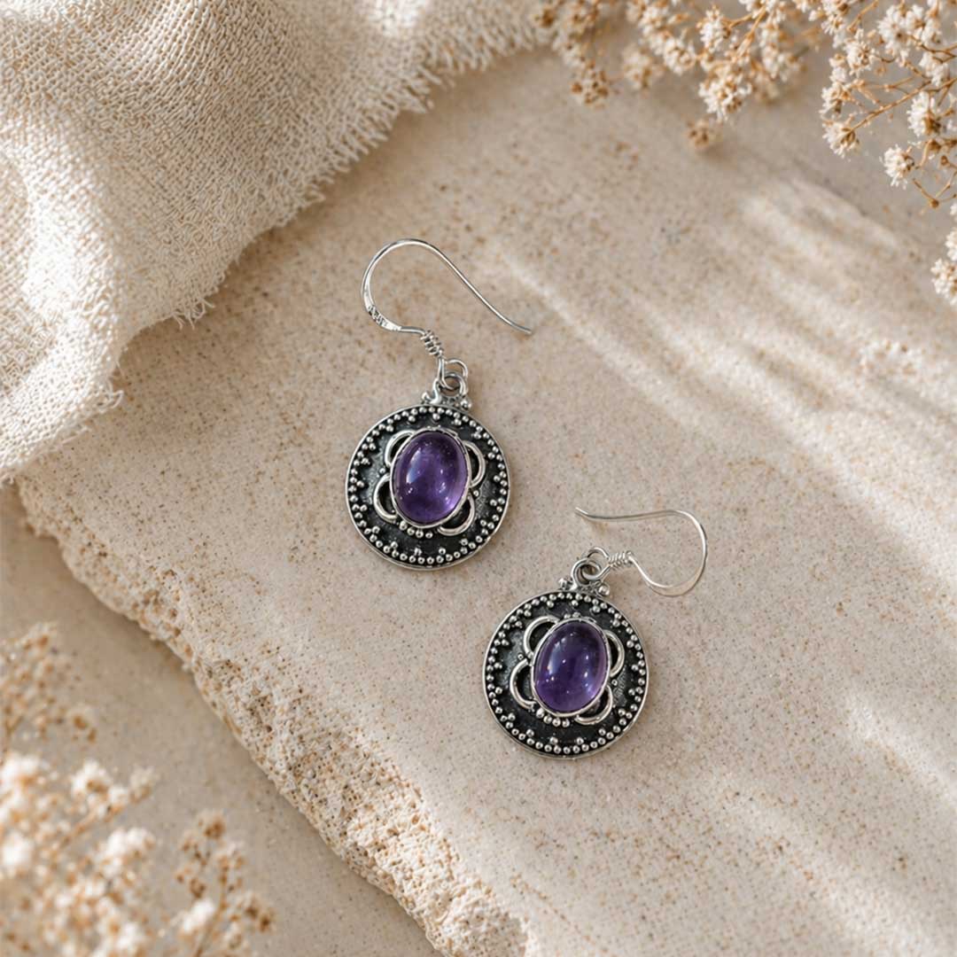 Ornate Amethyst Silver Drop Earrings in Mandala Design
