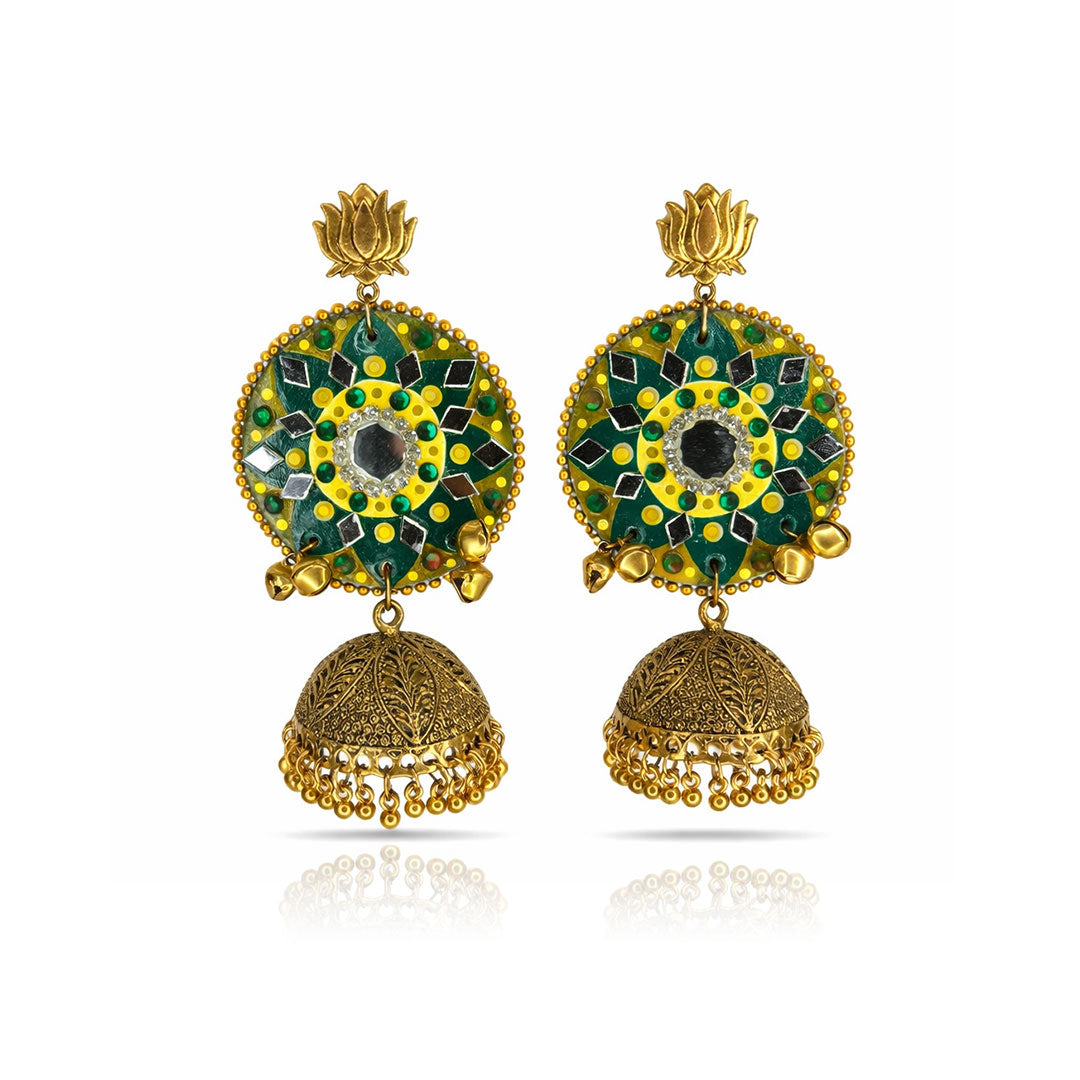 Handmade Green and Gold Mandala Jhumka Earrings