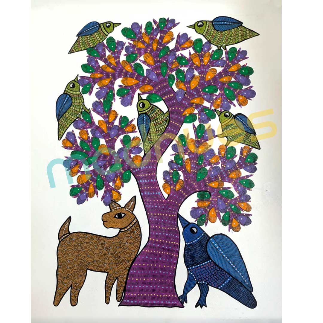 Gond Art Deer and Birds Tree Painting on Paper