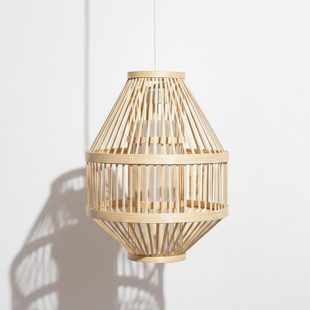 Wooden pendant lamp with a cage-like design on a white background