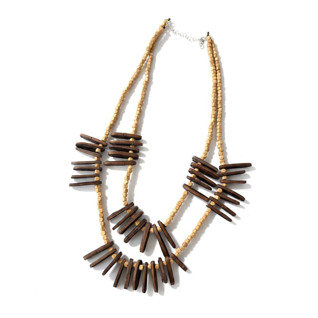 Double Layer Wooden Bead and Stick Statement Necklace