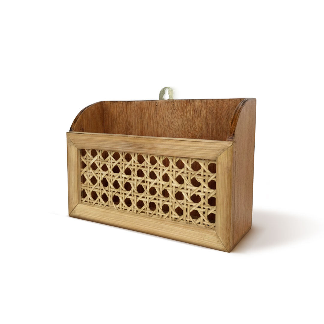 Vintage Wooden Wall Mail Organizer with Rattan Front