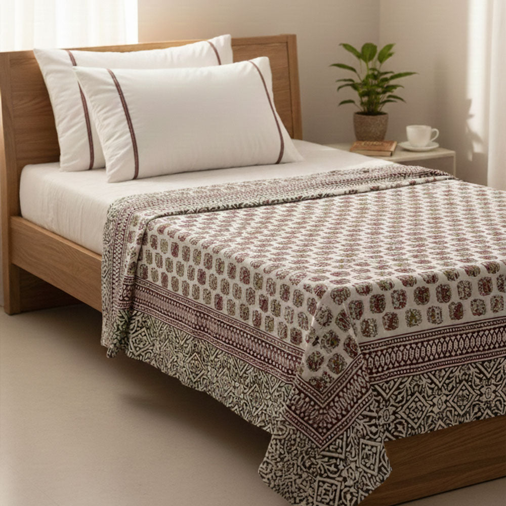 Maroon & Olive Bagru  Elephant Print Bedsheet