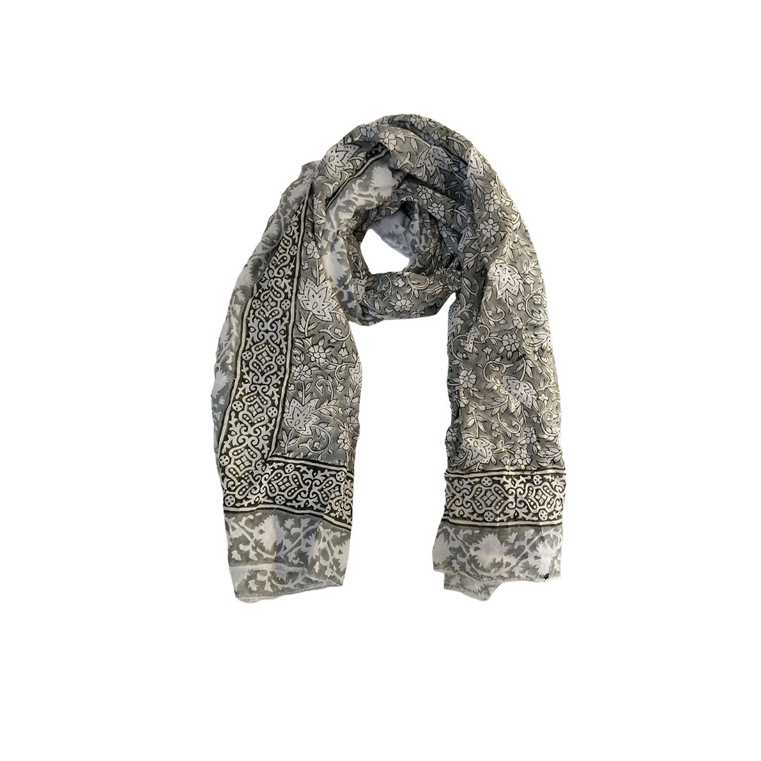 Grey & White Block Printed Cotton Scarf | Floral Pattern