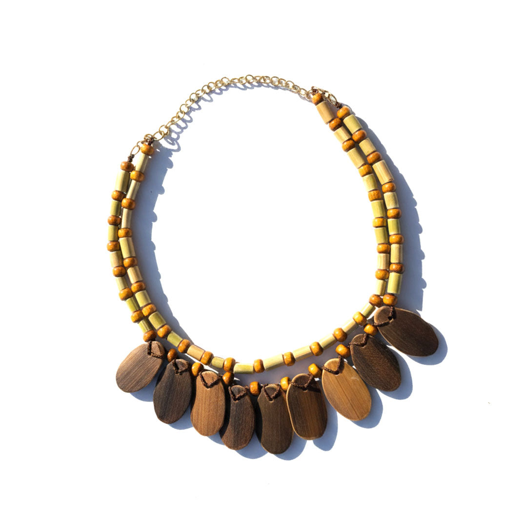 Boho Double Strand Bamboo and Wood Pendant Necklace