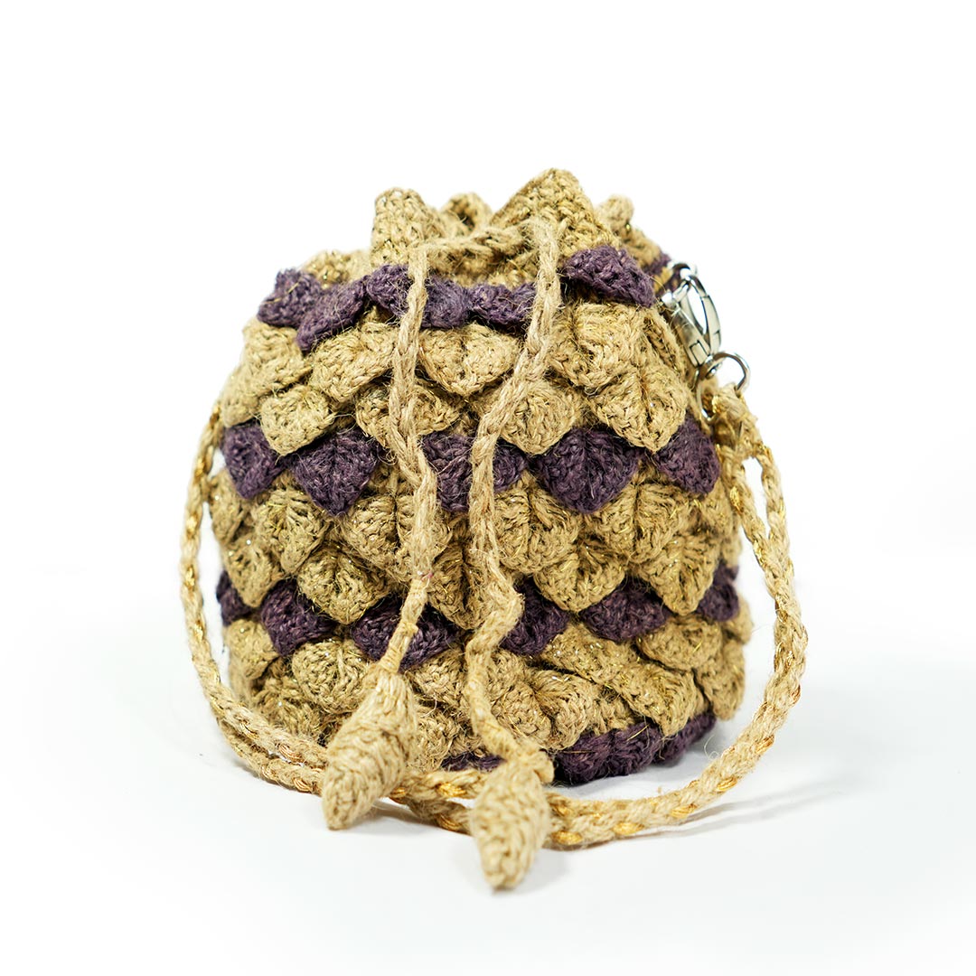 Handcrafted Jute Drawstring Bag - Beige & Purple Scales