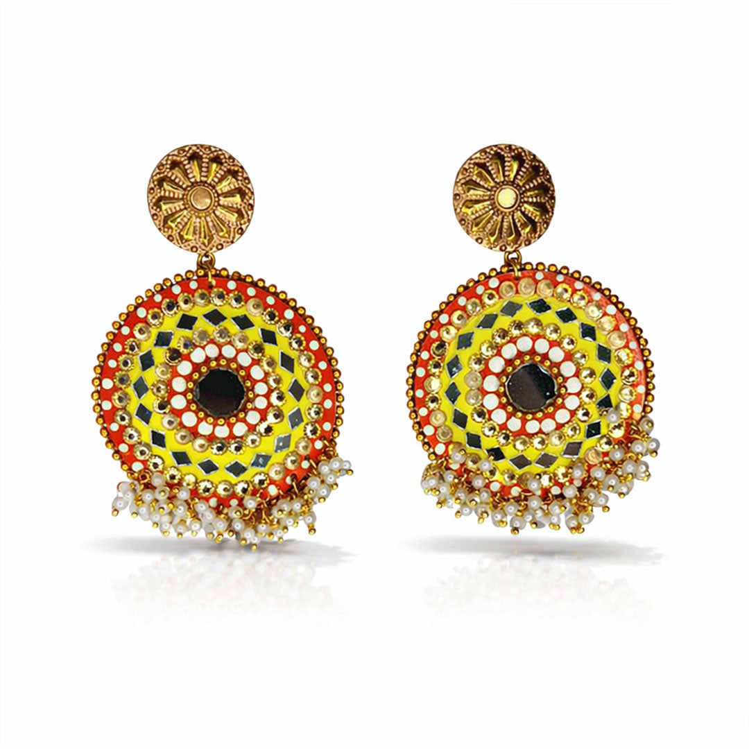 Handmade Mandala Mirror Work Earrings with Pearl Accents