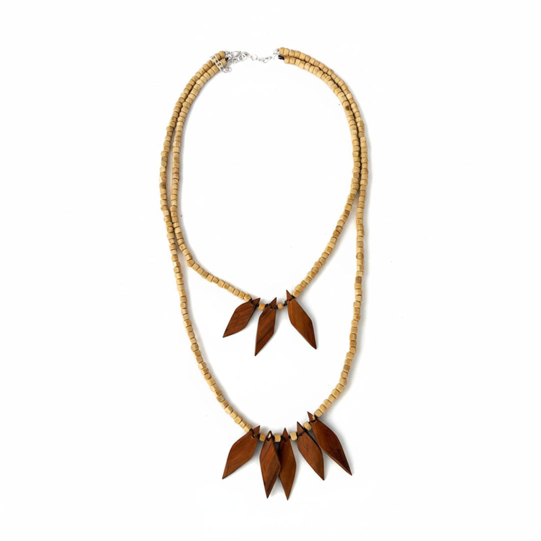 Double Strand Wooden Bead Necklace with Leaf Pendants