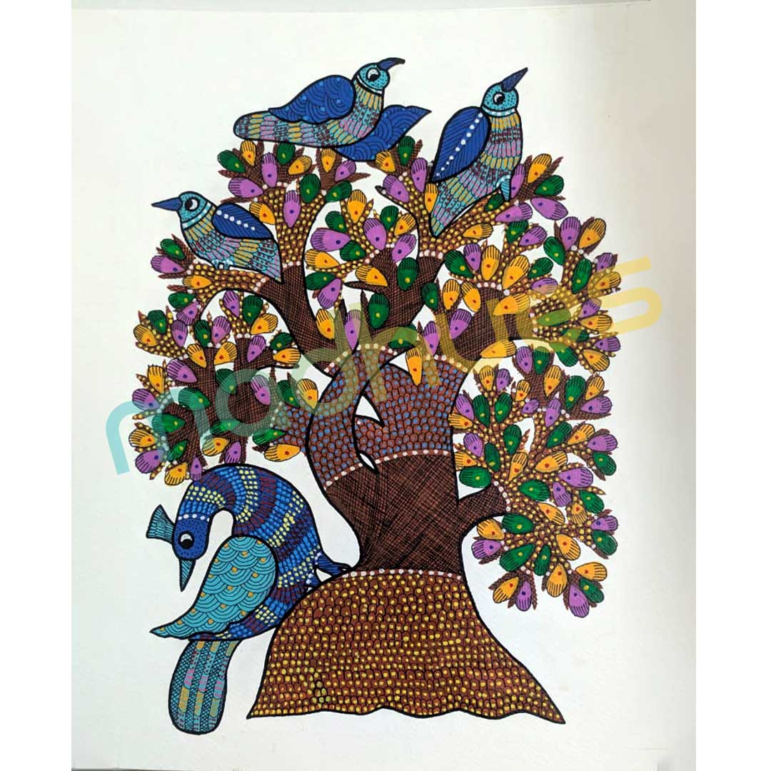 Gond Art Tree and Birds - Hand-Painted Paper Art