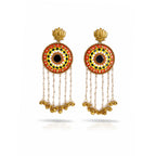 Decorative earrings with golden chains and colorful beads on a white background