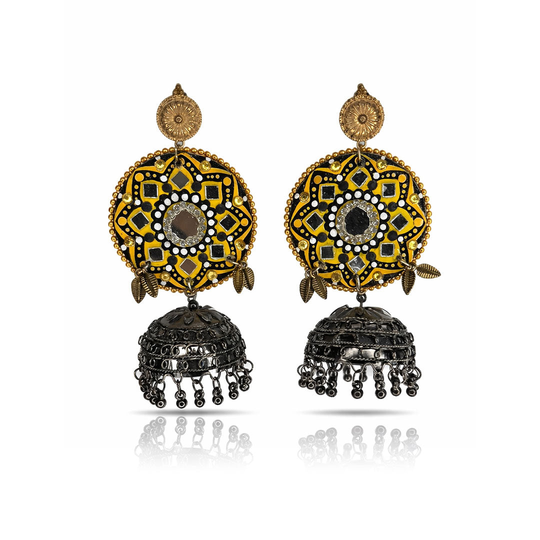 Handmade Yellow Mandala Jhumka Earrings with Mirror Work