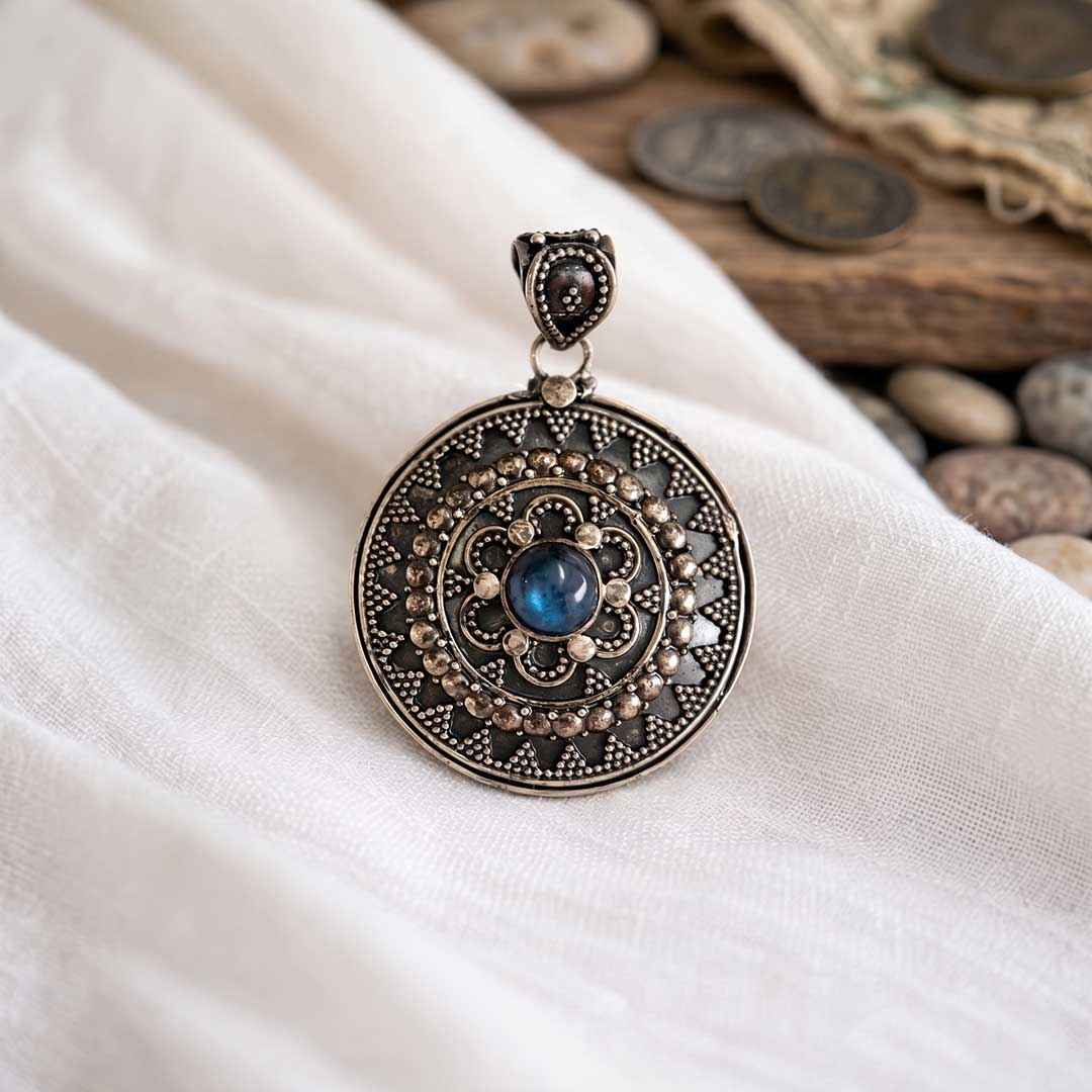 Handmade Ornate Mandala Pendant with Central Blue Gemstone
