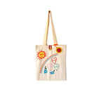 Beige canvas tote bag with colorful embroidered sun, rainbow, hearts, and flowers design
