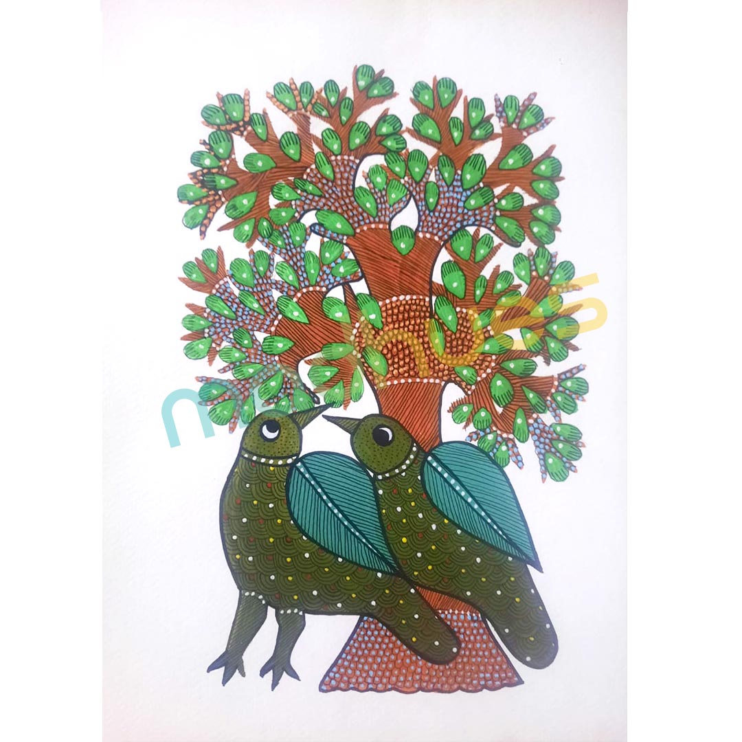 Gond Art Bird Couple on Tree - Handmade Paper Painting