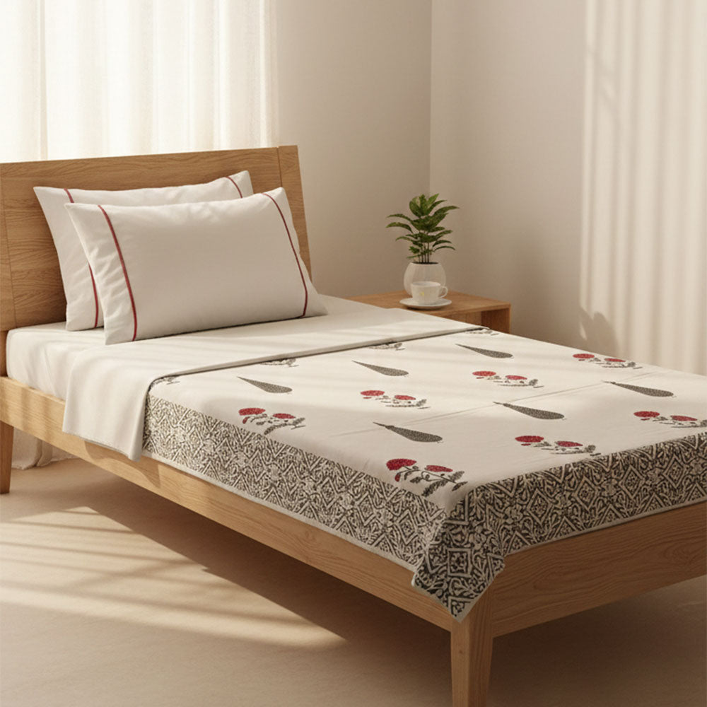 Ajrakh & Floral Bagru  Print Single Bedsheet