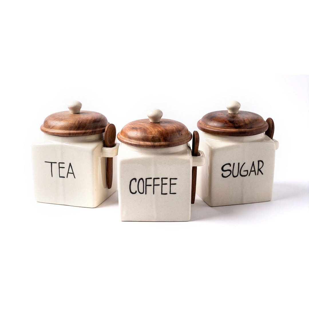 Set of 3 Ceramic Tea Sugar Salt Canisters with Wooden Lids & Spoons