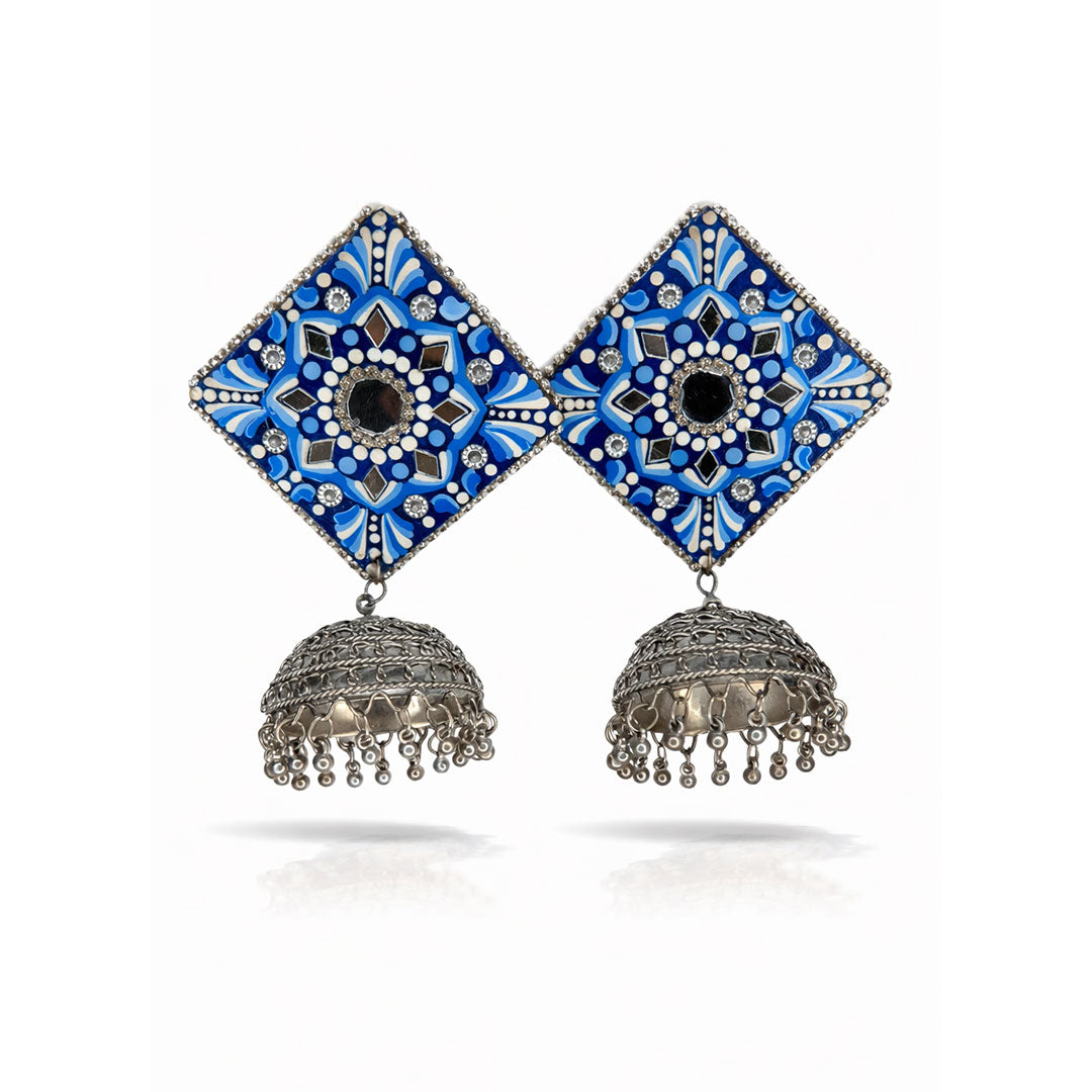 Handmade Blue Mandala Diamond Jhumka Earrings with Mirror Work