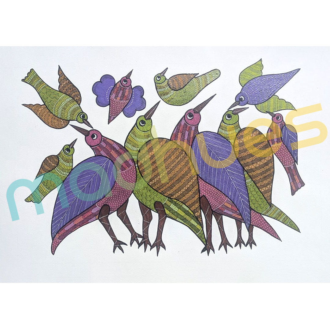 Gond Art: Vibrant Flocking Birds Hand-Painted Paper Painting