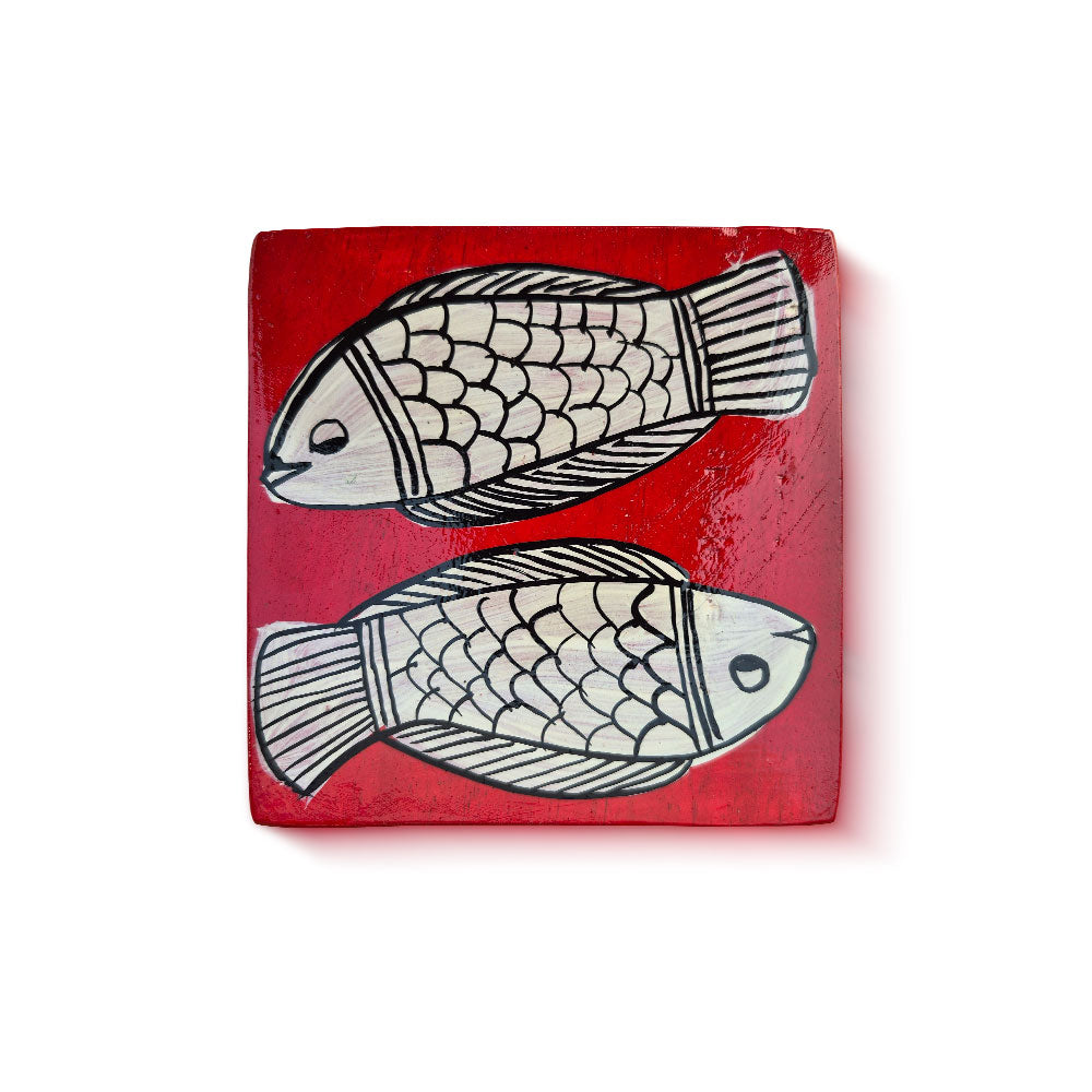 Pattachitra Dual Fish Coaster - Hand-Painted Red Art