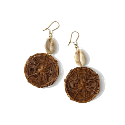 Cowrie Shell and Woven Rattan Circular Dangle Earrings