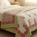 Pink & Green Rose Block Print Quilt - Madhues