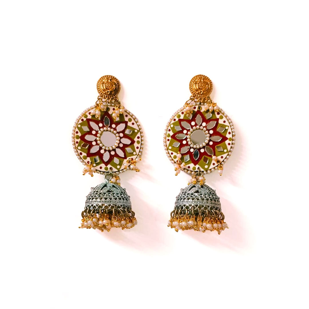 Maroon & Olive Hand-Painted Mirror Jhumka Earrings with Pearl Accents - Image 1