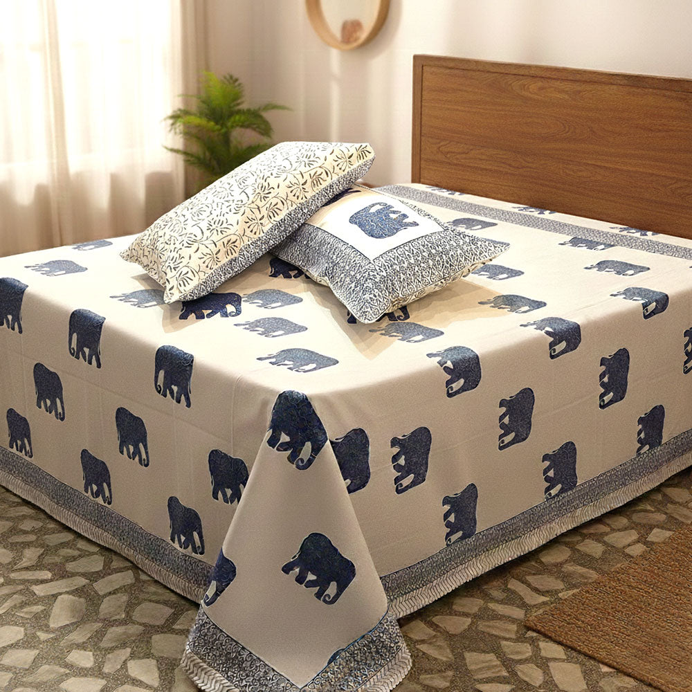Indigo Elephant Hand Block Printed Cotton Bedding Set - Madhues