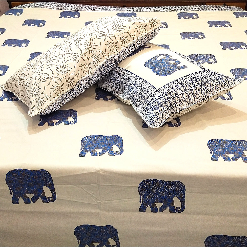 Indigo Elephant Hand Block Printed Cotton Bedding Set - Madhues