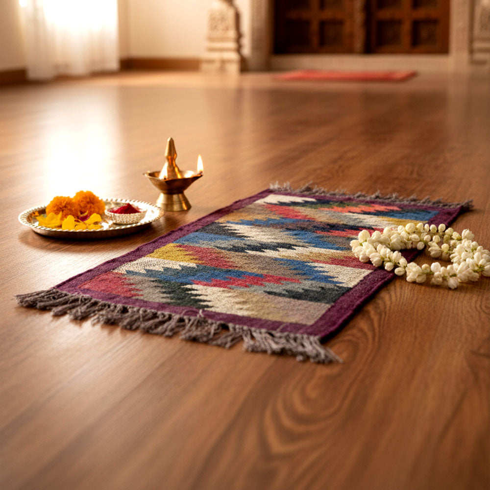 Artisan Handwoven Puja Aasan Mat - Multicolored Zigzag Design