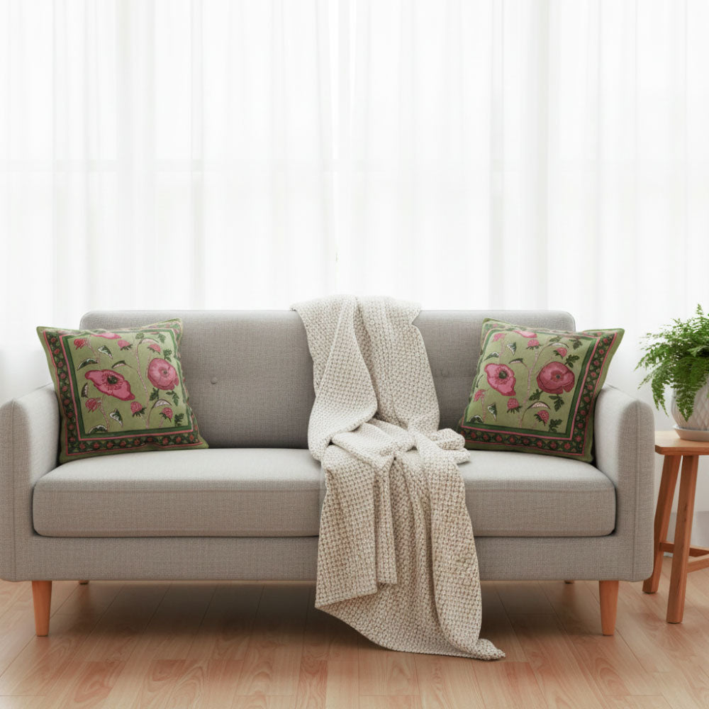 Sage Green Poppy Block Print Cushion Cover Set of 2 - Madhues