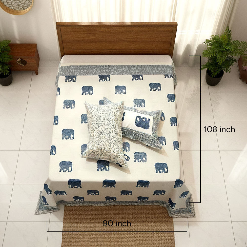 Indigo Elephant Hand Block Printed Cotton Bedding Set - Madhues