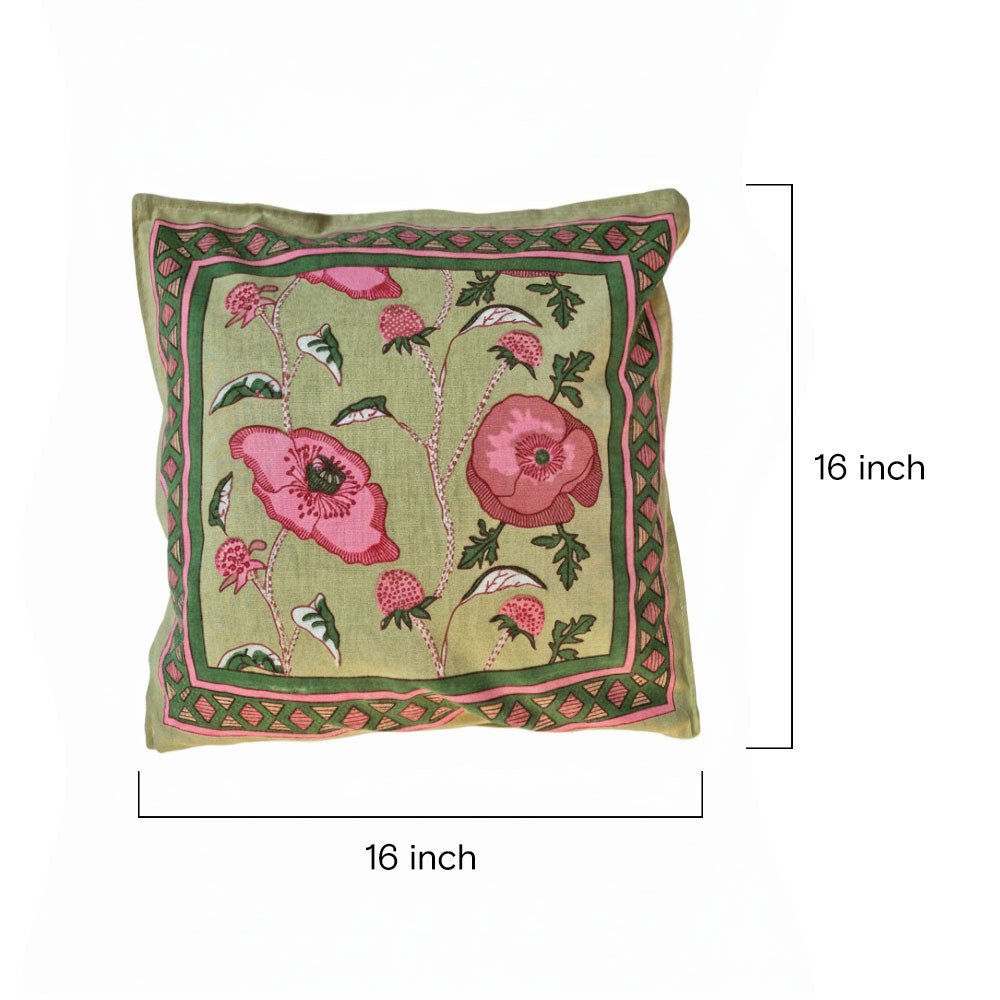 Sage Green Poppy Block Print Cushion Cover Set of 2 - Madhues
