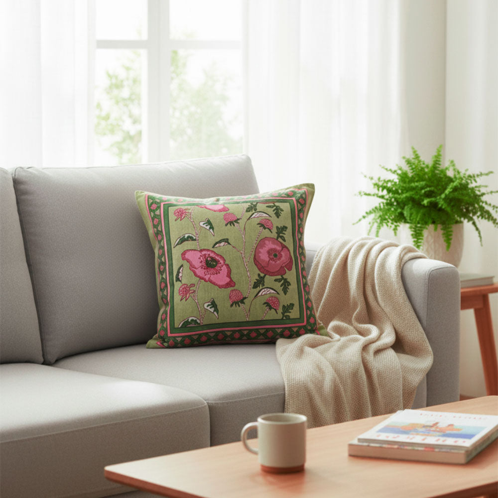 Sage Green Poppy Block Print Cushion Cover Set of 2 - Madhues