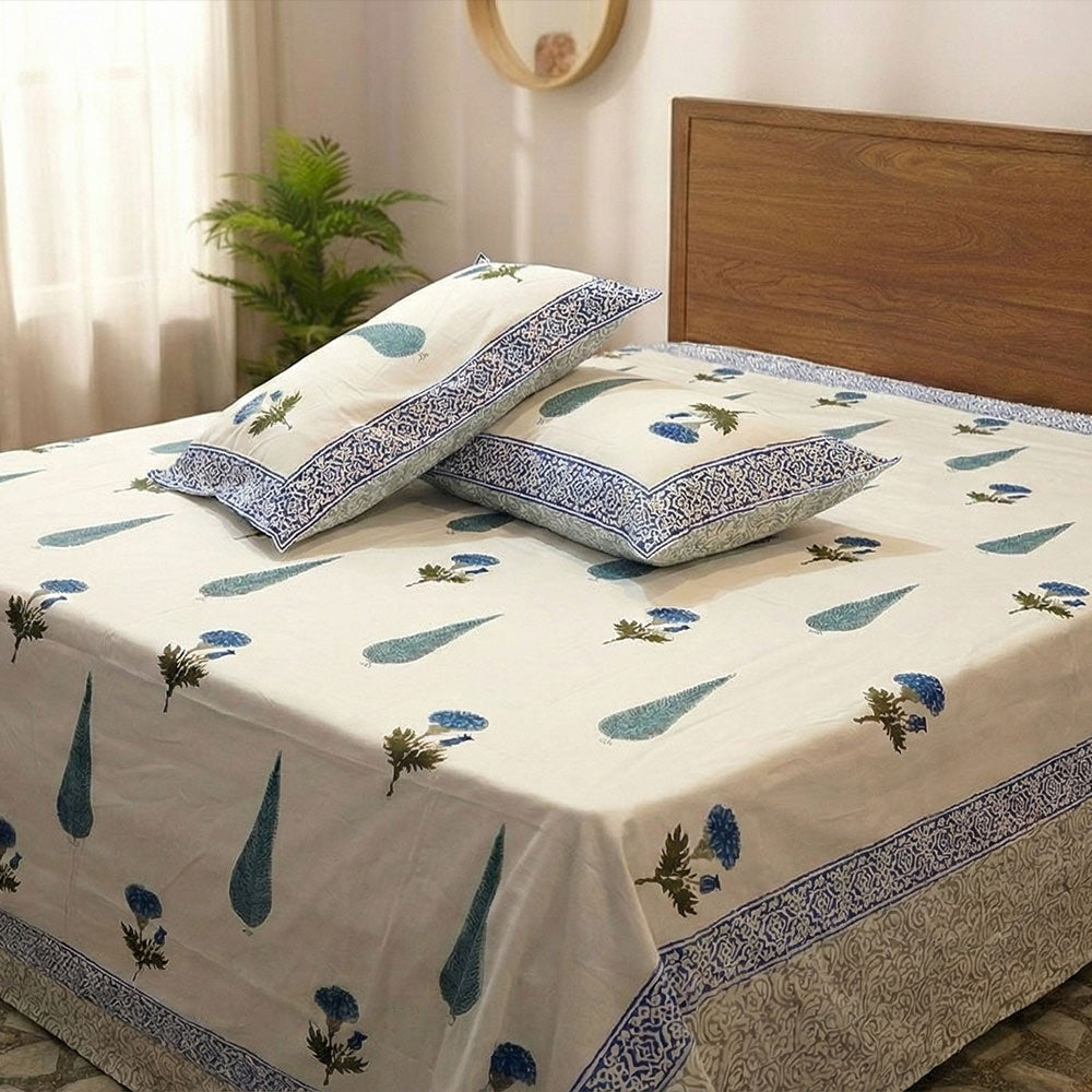Indigo Floral & Teal Paisley Bagru Block Print Bedsheet Set - Madhues