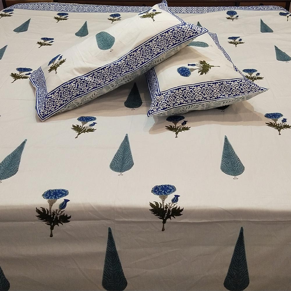 Indigo Floral & Teal Paisley Bagru Block Print Bedsheet Set - Madhues