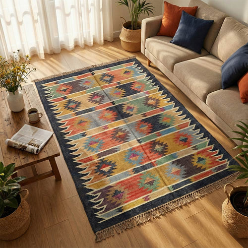 Colorful patterned rug on a wooden floor in a living room with a sofa and decor.