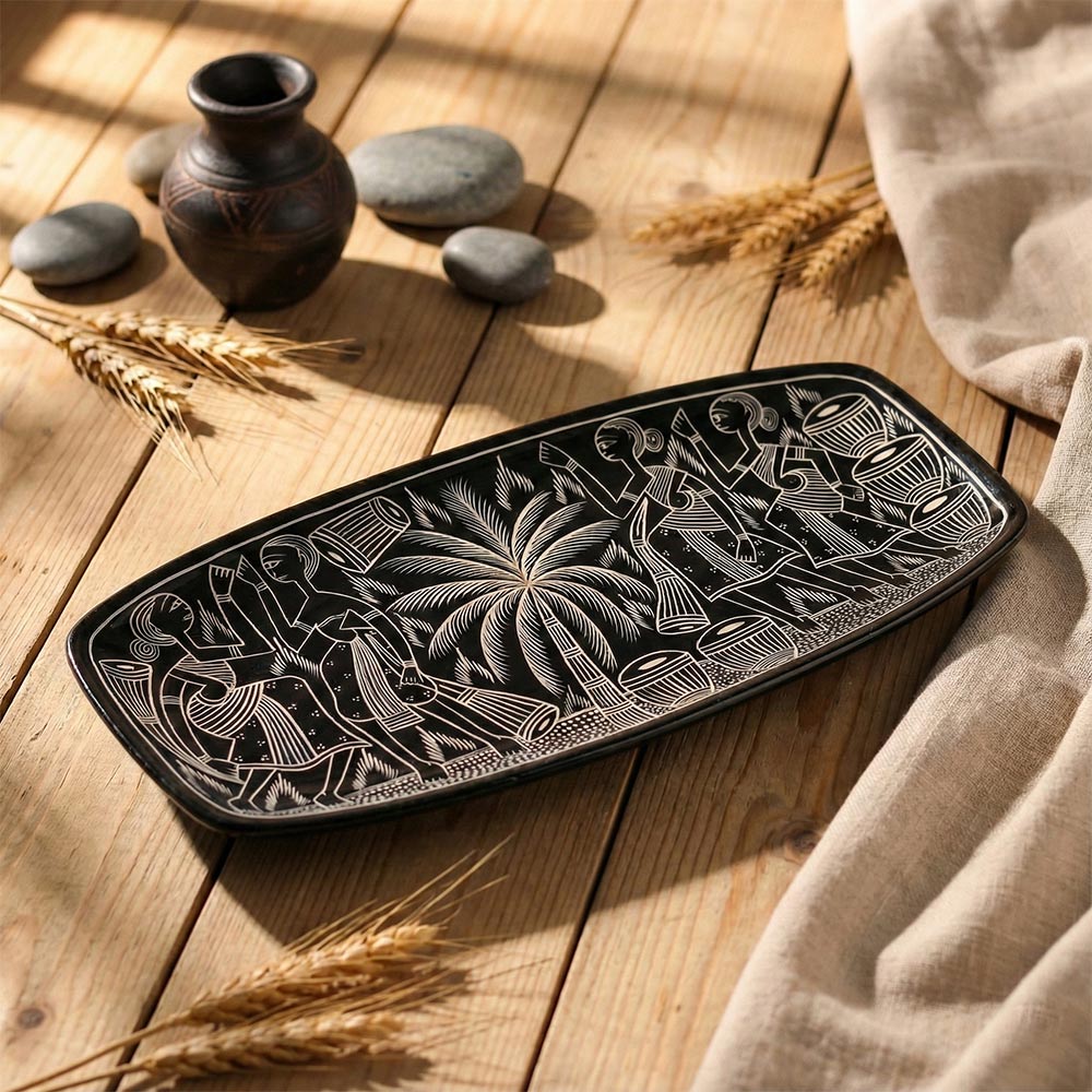 Handcrafted Pattachitra Art Decorative Tray - Black & White Folk Scene