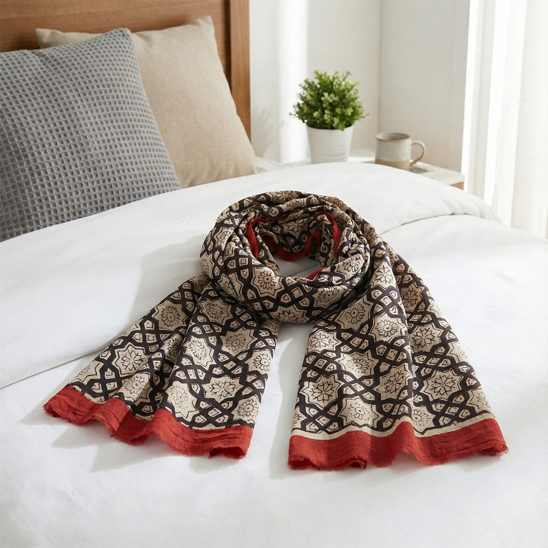 Block Printed Cotton Scarf - Geometric Floral Design
