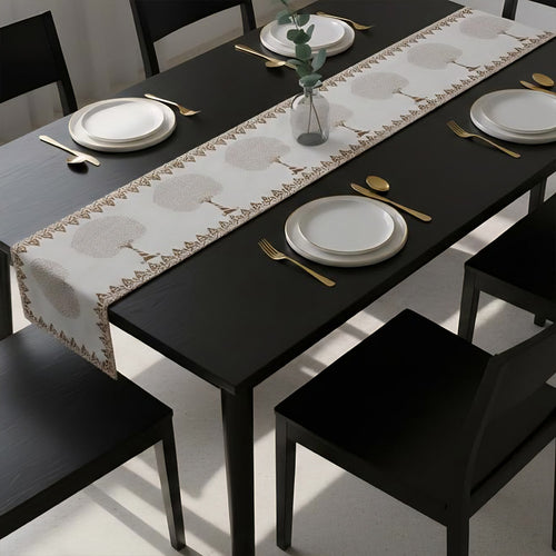 Artisan Block Printed Tree Design Table Runner - White & Brown