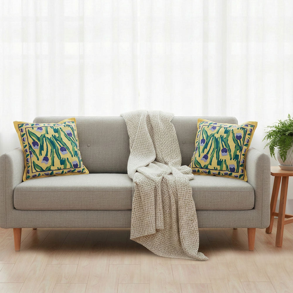 Lemon & Indigo Tulip Block Print Cushion Cover Set of 2 - Madhues