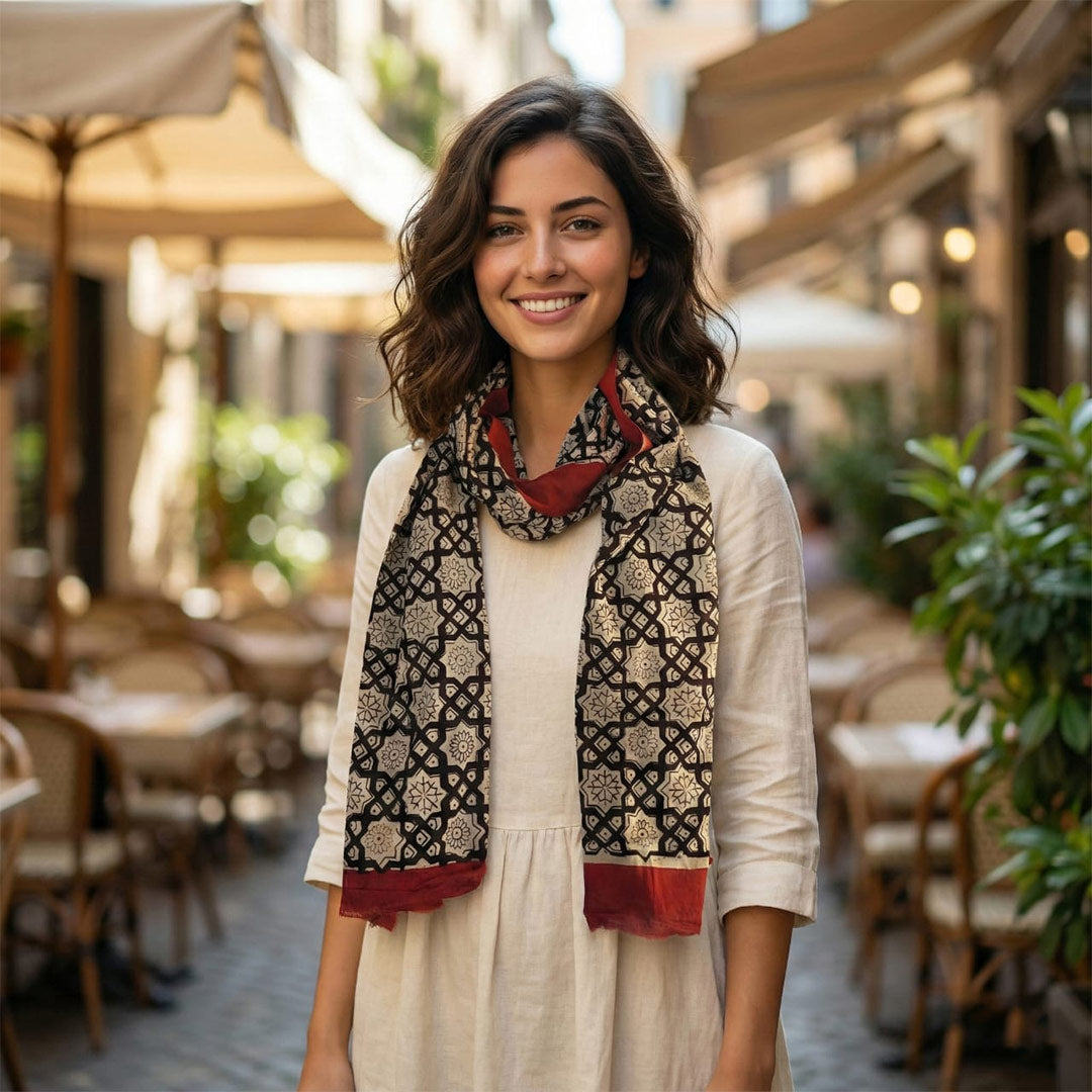 Block Printed Cotton Scarf - Geometric Floral Design