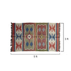 Woven rug with geometric pattern and dimensions on a white background